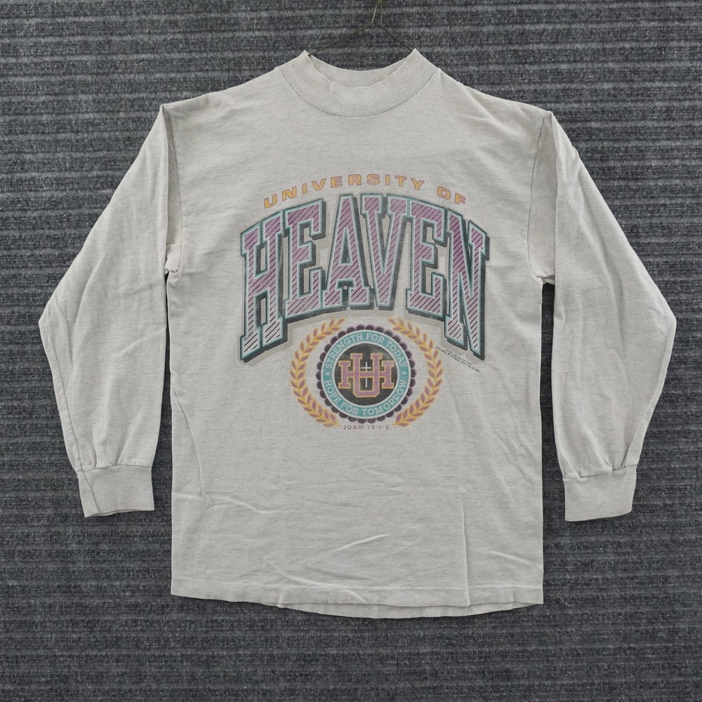 Vintage 90s Signal Sports University of Heaven Jesus T-Shirt M Grey Long Sleeve